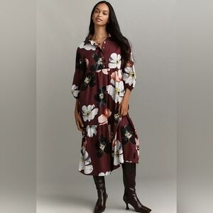 Maeve Anthropologie Bettina Floral Burgundy Midi Dress Size L Tiered Pockets